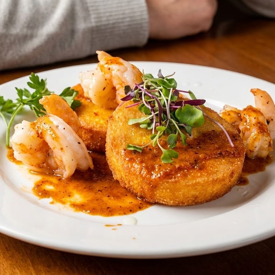Shrimp and grits with a fried grit cake, garnished with microgreens and parsley.