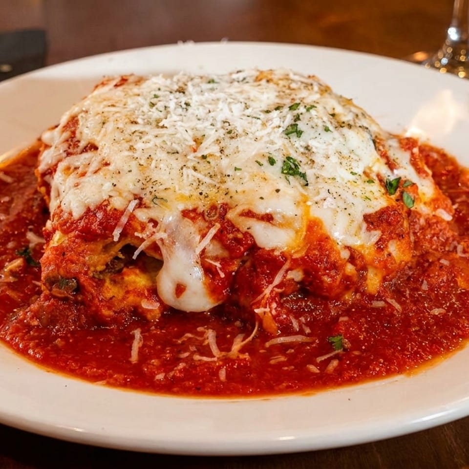 A large serving of lasagna with melted cheese and red sauce on a white plate.