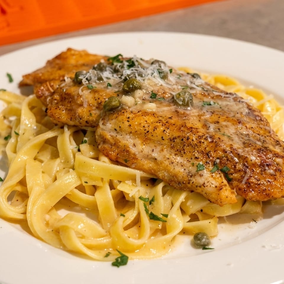 Chicken piccata with capers and parmesan cheese over fettuccine pasta on a white plate.
