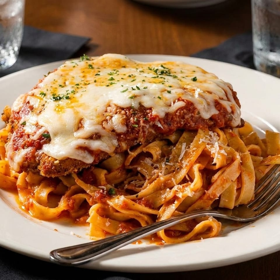 Chicken Parmesan with melted cheese and red sauce, served over fettuccine pasta on a white plate.