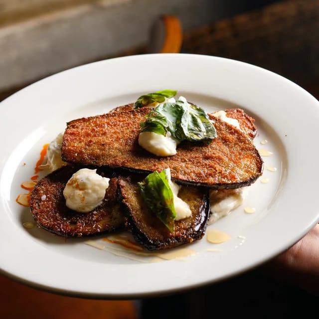 Fried Breaded Eggplant and Ricotta Stack.